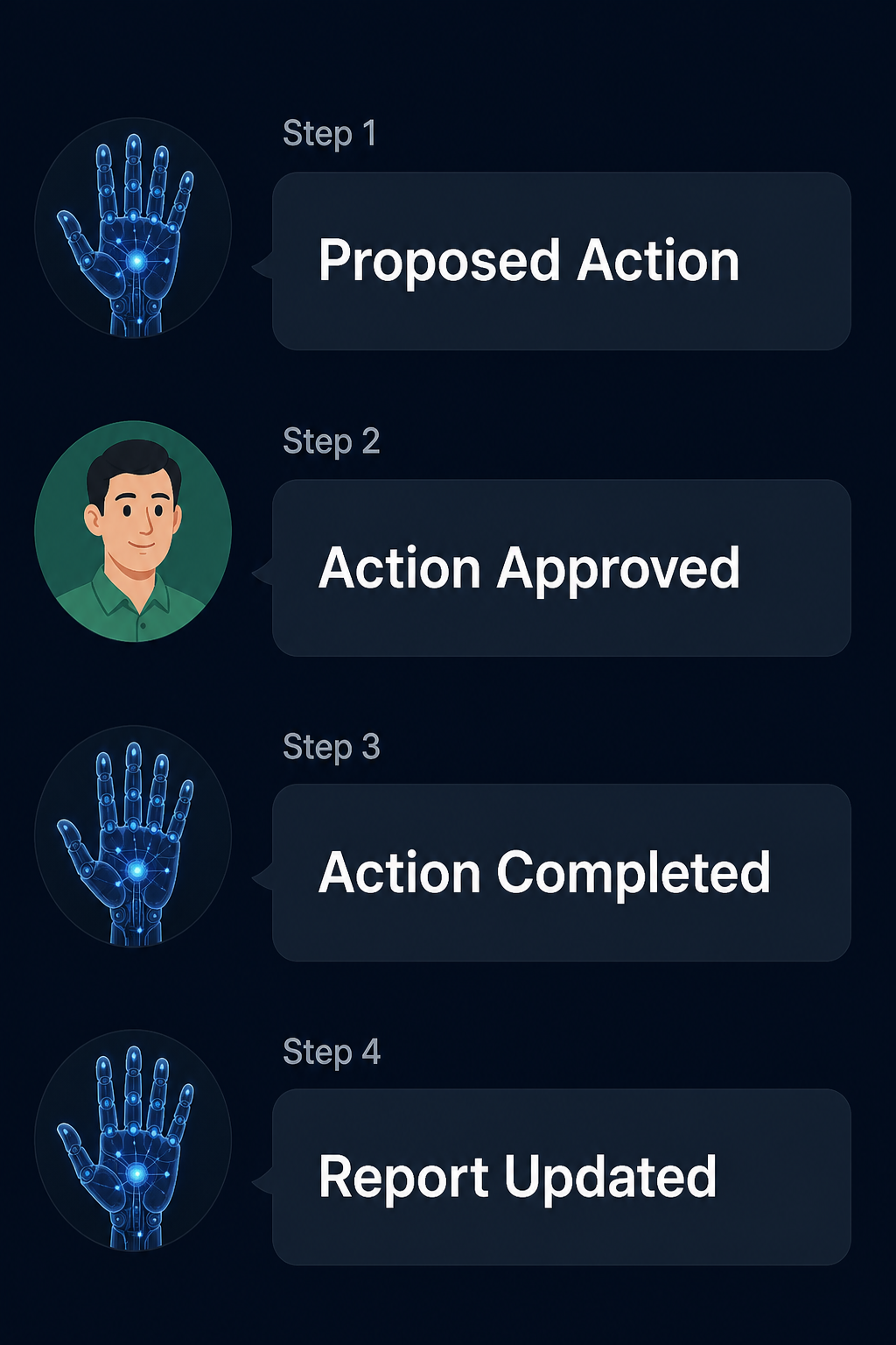 Approval workflow: AI proposes, Human approves, AI completes, Report updated